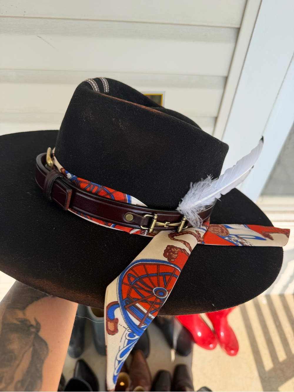 Custom Black Hermes Felt Fedora with Multicolor Scarf Band and Feather